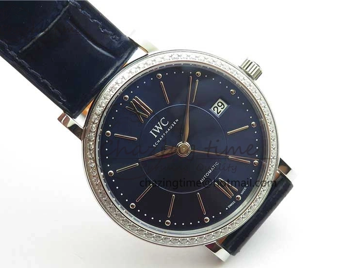 MIROTIME 0429 Portofino 37mm SS V7F 1:1 Best Edition Blue Dial Diamonds Bezel on Blue Leather Strap A Chic 7093